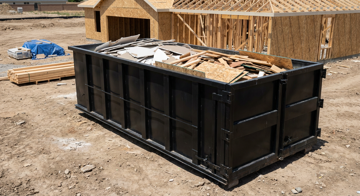 Matte-black 30-yard roll-off construction dumpster sitting directly on the compacted-dirt site of a framed single-family home build in Lawrence, drywall and lumber scrap loaded inside.