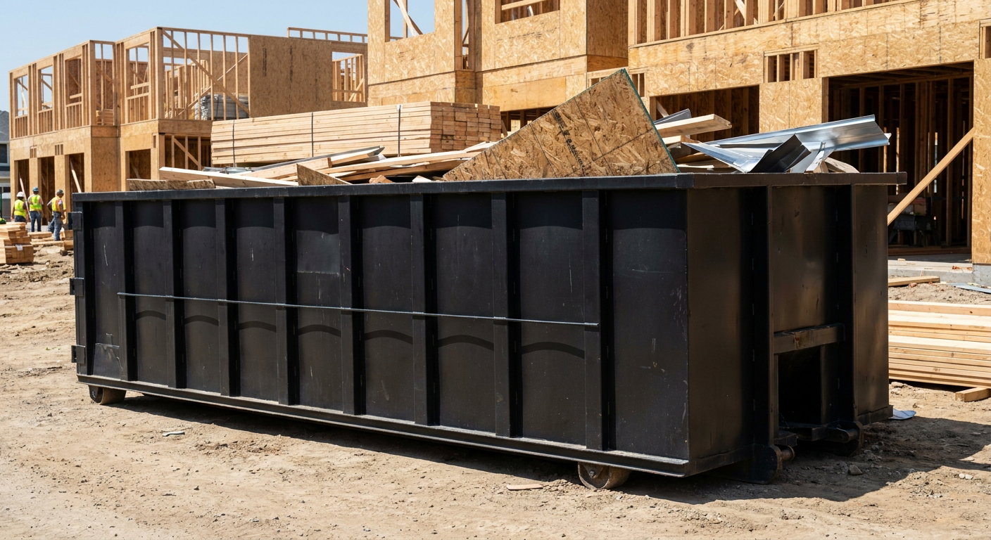 Matte-black 40-yard roll-off construction dumpster being lowered from a white-cab hooklift delivery truck onto the compacted-dirt jobsite at a commercial build site in Lawrence