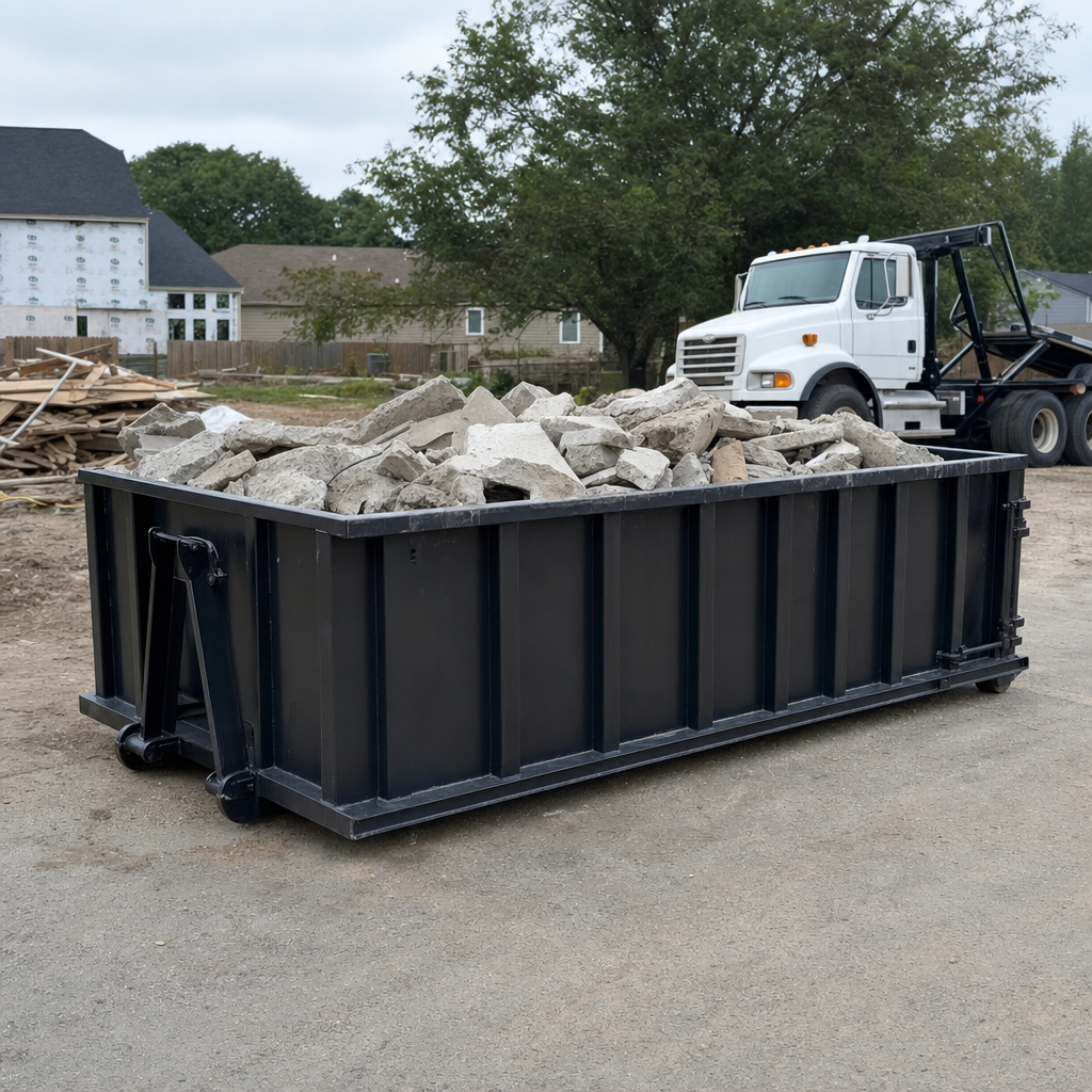 Low-profile matte-black lowboy roll-off dumpster loaded with broken concrete slab and rebar at a foundation tear-out in Lawrence, skid steer parked beside it, sunny Colorado morning