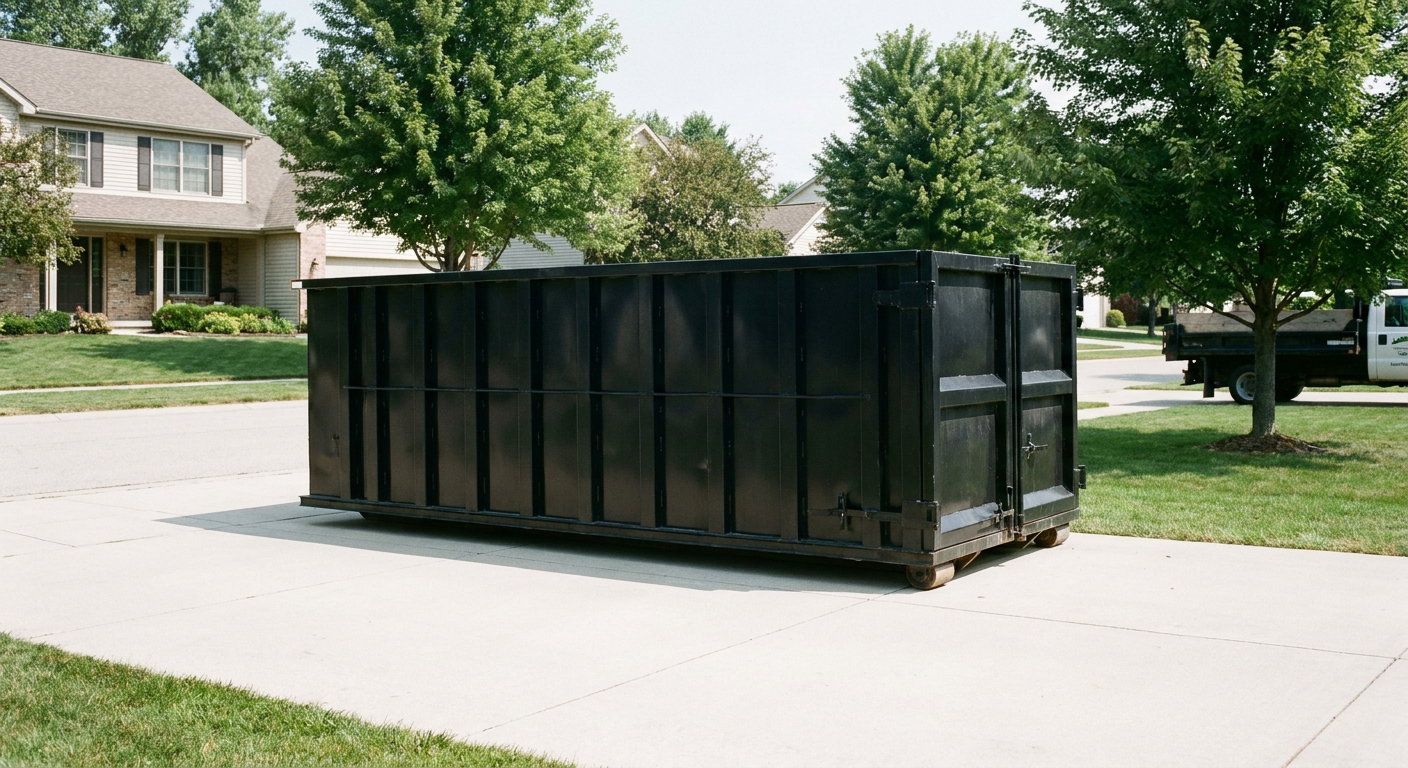 Matte-black 20-yard roll-off dumpster sitting level on a clean Lawrence residential concrete driveway under bright daylight, demonstrating clean placement directly on the concrete.