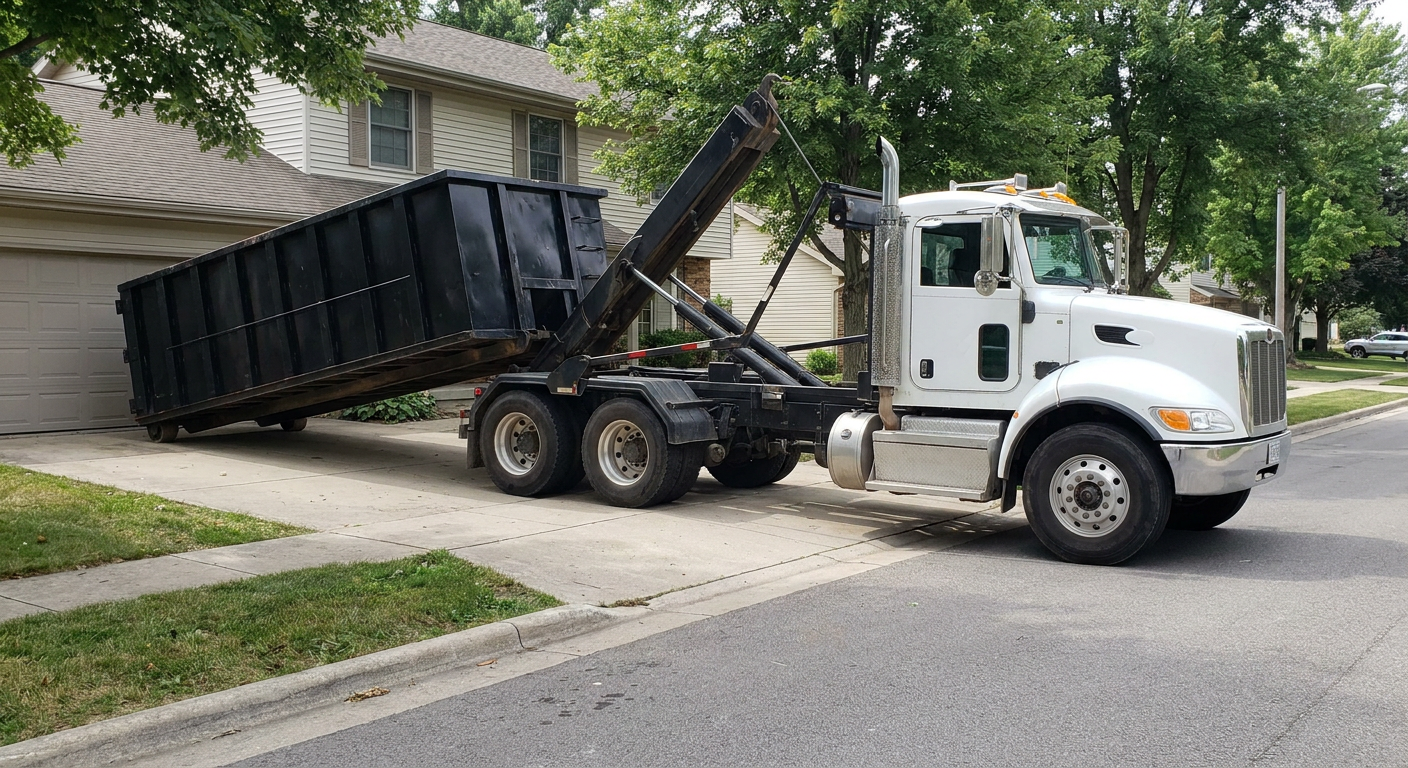 White-cab hooklift roll-off truck actively lowering a matte-black dumpster onto a Lawrence residential concrete driveway, the dumpster's rear wheels touching the driveway as the hoist arm tilts the bed forward, mid-morning daylight.