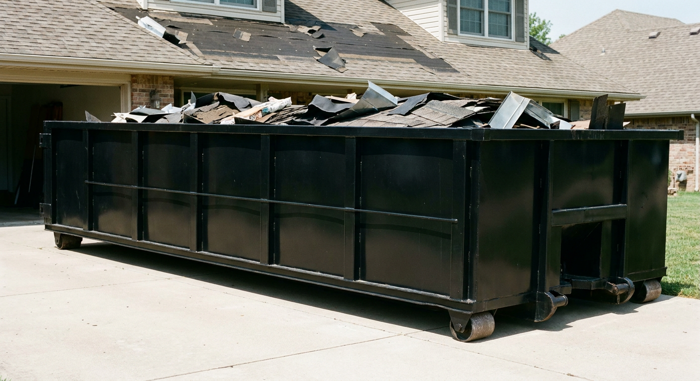 Matte-black 20-yard roofing roll-off dumpster with steel ribbed sides and swinging rear door, sitting directly on the concrete driveway of a two-story Lawrence home, asphalt shingle debris being loaded over the low wall, clean documentary lighting.