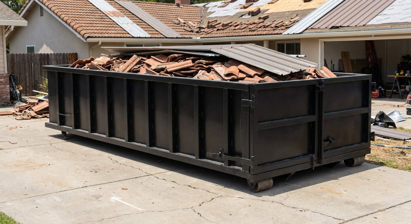 Matte-black low-wall heavy-debris roofing roll-off dumpster sitting directly on a Lawrence concrete driveway, broken concrete clay roof tiles and metal panel sections loaded inside, reinforced ribbed steel side walls visible, bright outdoor daylight.