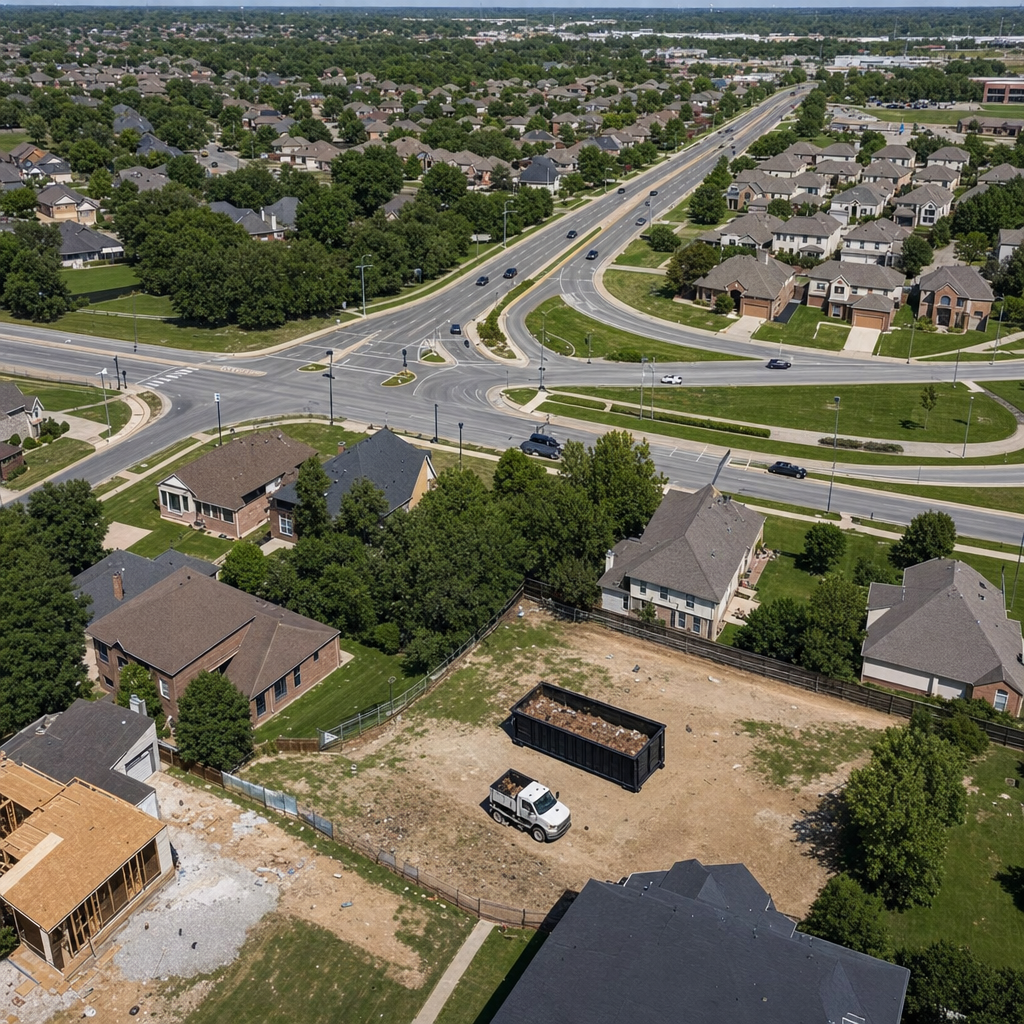An overhead documentary view of the Lawrence metro area at midday, showing the spread of neighborhoods, arterial roads, and the dispatch radius from a central yard — clean daylight, organized geographic layout.