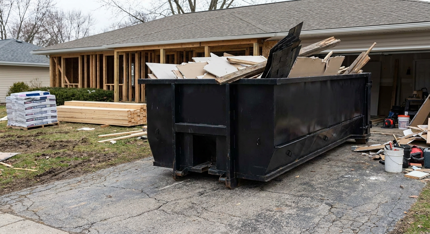 A matte-black 20-yard roll-off dumpster placed alongside a mid-renovation Lawrence home directly on the asphalt driveway, with framing materials and torn-off shingles staged neatly nearby.